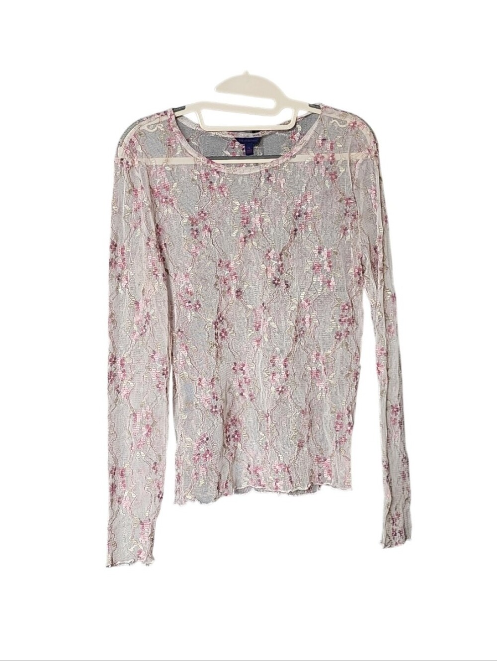 Aeropostale Pink Floral Lace Long Sleeve Mesh Top